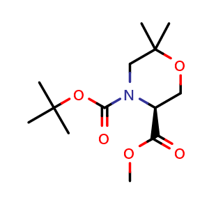 Chemical structure of 4-(tert-butyl) 3-methyl (S)-6,6-dimethylmorpholine-3,4-dicarboxylate , CAS 1439922-08-3, AChemBlock S88199