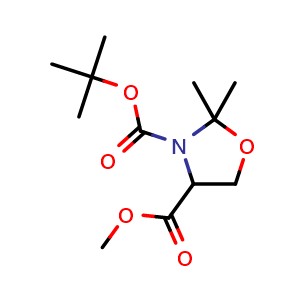 Chemical structure of 3-(tert-butyl) 4-methyl 2,2-dimethyloxazolidine-3,4-dicarboxylate , CAS 157604-46-1, AChemBlock S88205