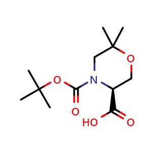 Chemical structure of (S)-4-(tert-butoxycarbonyl)-6,6-dimethylmorpholine-3-carboxylic acid , CAS 783349-78-0, AChemBlock S88242