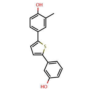 Chemical structure of 4-(5-(3-hydroxyphenyl)thiophen-2-yl)-2-methylphenol , CAS 1122660-25-6, AChemBlock S88270
