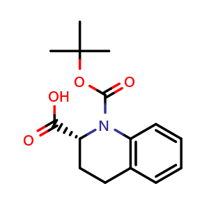 Chemical structure of (R)-1-(tert-butoxycarbonyl)-1,2,3,4-tetrahydroquinoline-2-carboxylic acid , CAS 1187931-75-4, AChemBlock S88279