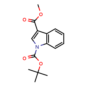 Chemical structure of 1-(tert-butyl) 3-methyl 1H-indole-1,3-dicarboxylate , CAS 338760-26-2, AChemBlock S88392