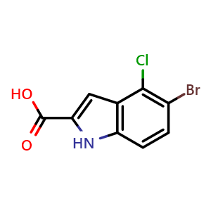 Chemical structure of 5-bromo-4-chloro-1H-indole-2-carboxylic acid , CAS 1779777-28-4, AChemBlock S88511