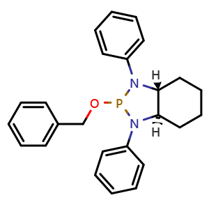 Chemical structure of (3aR,7aR)-2-(benzyloxy)-1,3-diphenyloctahydro-1H-benzo[d][1,3,2]diazaphosphole , CAS 1384535-70-9, AChemBlock S88550