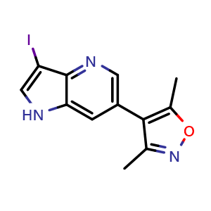 Chemical structure of 4-(3-iodo-1H-pyrrolo[3,2-b]pyridin-6-yl)-3,5-dimethylisoxazole , CAS 1627926-81-1, AChemBlock S88562