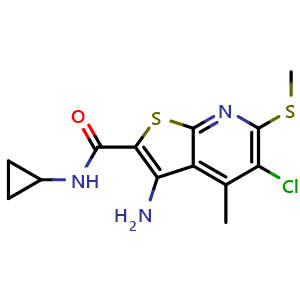 Chemical structure of 3-amino-5-chloro-N-cyclopropyl-4-methyl-6-(methylthio)thieno[2,3-b]pyridine-2-carboxamide , CAS 886047-54-7, AChemBlock S88632