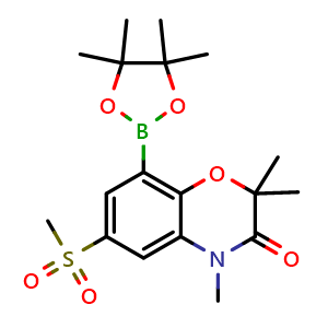 Chemical structure of 2,2,4-trimethyl-6-(methylsulfonyl)-8-(4,4,5,5-tetramethyl-1,3,2-dioxaborolan-2-yl)-2H-benzo[b][1,4]oxazin-3(4H)-one , CAS 2170098-43-6, AChemBlock S88645
