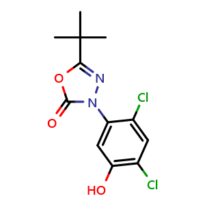 Chemical structure of 5-(tert-butyl)-3-(2,4-dichloro-5-hydroxyphenyl)-1,3,4-oxadiazol-2(3H)-one , CAS 39807-19-7, AChemBlock S88670