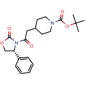 Chemical structure of tert-butyl (R)-4-(2-oxo-2-(2-oxo-4-phenyloxazolidin-3-yl)ethyl)piperidine-1-carboxylate , CAS 1159845-42-7, AChemBlock S88697