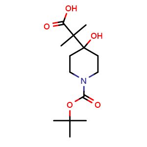 Chemical structure of 2-(1-(tert-butoxycarbonyl)-4-hydroxypiperidin-4-yl)-2-methylpropanoic acid , CAS 1251032-53-7, AChemBlock S88722