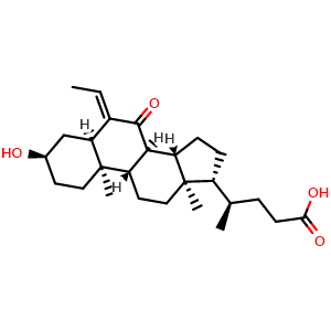 Chemical structure of (R)-4-((3R,5R,8S,9S,10R,13R,14S,17R,E)-6-ethylidene-3-hydroxy-10,13-dimethyl-7-oxohexadecahydro-1H-cyclopenta[a]phenanthren-17-yl)pentanoic acid , CAS 1516887-33-4, AChemBlock S88743