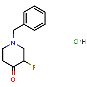 Chemical structure of 1-benzyl-3-fluoropiperidin-4-one hydrochloride , CAS 1864064-45-8, AChemBlock S88759