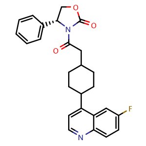 Chemical structure of (R)-3-(2-(4-(6-fluoroquinolin-4-yl)cyclohexyl)acetyl)-4-phenyloxazolidin-2-one , CAS 1923836-68-3, AChemBlock S88766