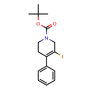 Chemical structure of tert-butyl 5-fluoro-4-phenyl-3,6-dihydropyridine-1(2H)-carboxylate , CAS 651321-26-5, AChemBlock S88808