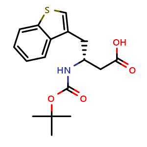 Chemical structure of (R)-4-(benzo[b]thiophen-3-yl)-3-((tert-butoxycarbonyl)amino)butanoic acid , CAS 190190-48-8, AChemBlock S88895