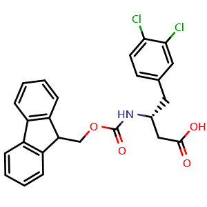 Chemical structure of (R)-3-((((9H-fluoren-9-yl)methoxy)carbonyl)amino)-4-(3,4-dichlorophenyl)butanoic acid , CAS 269396-57-8, AChemBlock S88921