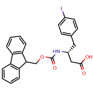 Chemical structure of (R)-3-((((9H-fluoren-9-yl)methoxy)carbonyl)amino)-4-(4-iodophenyl)butanoic acid , CAS 269396-73-8, AChemBlock S88924