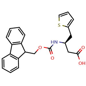 Chemical structure of (R)-3-((((9H-fluoren-9-yl)methoxy)carbonyl)amino)-4-(thiophen-2-yl)butanoic acid , CAS 269726-90-1, AChemBlock S88948