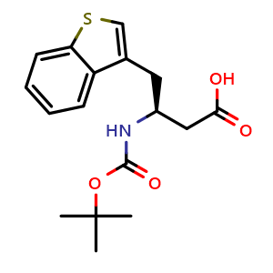 Chemical structure of (S)-4-(benzo[b]thiophen-3-yl)-3-((tert-butoxycarbonyl)amino)butanoic acid , CAS 270063-45-1, AChemBlock S88967