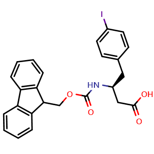 Chemical structure of (S)-3-((((9H-fluoren-9-yl)methoxy)carbonyl)amino)-4-(4-iodophenyl)butanoic acid , CAS 270065-72-0, AChemBlock S88974
