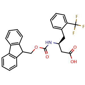 Chemical structure of (S)-3-((((9H-fluoren-9-yl)methoxy)carbonyl)amino)-4-(2-(trifluoromethyl)phenyl)butanoic acid , CAS 270065-75-3, AChemBlock S88975