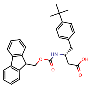 Chemical structure of (R)-3-((((9H-fluoren-9-yl)methoxy)carbonyl)amino)-4-(4-(tert-butyl)phenyl)butanoic acid , CAS 401916-49-2, AChemBlock S89043