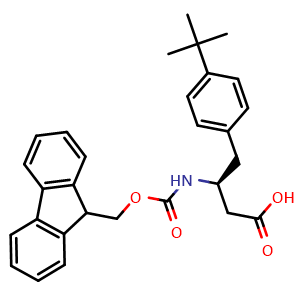 Chemical structure of (S)-3-((((9H-fluoren-9-yl)methoxy)carbonyl)amino)-4-(4-(tert-butyl)phenyl)butanoic acid , CAS 403661-86-9, AChemBlock S89048
