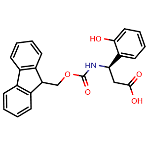Chemical structure of (R)-3-((((9H-fluoren-9-yl)methoxy)carbonyl)amino)-3-(2-hydroxyphenyl)propanoic acid , CAS 511272-34-7, AChemBlock S89065