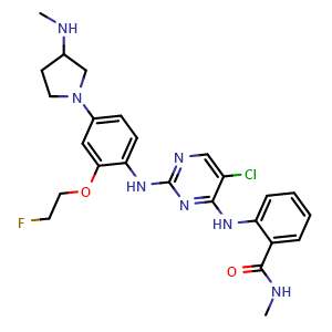 Chemical structure of 2-((5-chloro-2-((2-(2-fluoroethoxy)-4-(3-(methylamino)pyrrolidin-1-yl)phenyl)amino)pyrimidin-4-yl)amino)-N-methylbenzamide , CAS 2119738-71-3, AChemBlock S89143