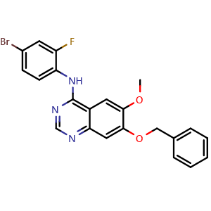Chemical structure of 7-(benzyloxy)-N-(4-bromo-2-fluorophenyl)-6-methoxyquinazolin-4-amine , CAS 768350-54-5, AChemBlock S89228