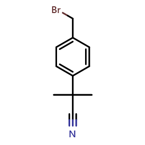 Chemical structure of 2-(4-(bromomethyl)phenyl)-2-methylpropanenitrile , CAS 1201643-73-3, AChemBlock S89264