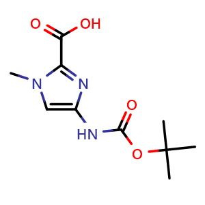 Chemical structure of 4-((tert-butoxycarbonyl)amino)-1-methyl-1H-imidazole-2-carboxylic acid , CAS 128293-64-1, AChemBlock S89275