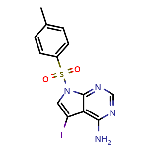 Chemical structure of 5-iodo-7-tosyl-7H-pyrrolo[2,3-d]pyrimidin-4-amine , CAS 1309430-89-4, AChemBlock S89279