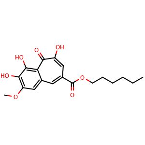 Chemical structure of hexyl 3,4,6-trihydroxy-2-methoxy-5-oxo-5H-benzo[7]annulene-8-carboxylate , CAS 1416324-85-0, AChemBlock S89289
