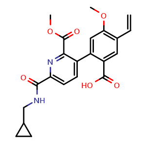 Chemical structure of 2-(6-((cyclopropylmethyl)carbamoyl)-2-(methoxycarbonyl)pyridin-3-yl)-4-methoxy-5-vinylbenzoic acid , CAS 1883265-29-9, AChemBlock S89328