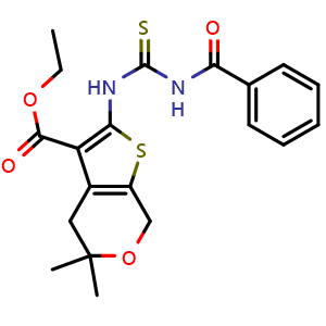 Chemical structure of ethyl 2-(3-benzoylthioureido)-5,5-dimethyl-4,7-dihydro-5H-thieno[2,3-c]pyran-3-carboxylate , CAS 314042-00-7, AChemBlock S89372