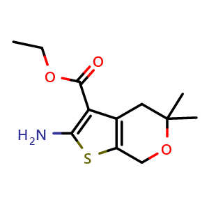 Chemical structure of ethyl 2-amino-5,5-dimethyl-4,7-dihydro-5H-thieno[2,3-c]pyran-3-carboxylate , CAS 64792-51-4, AChemBlock S89460