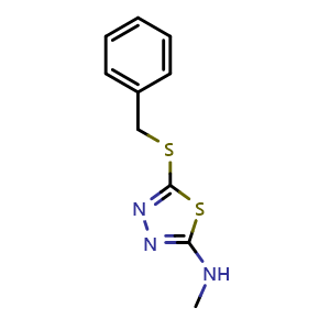 Chemical structure of 5-(benzylthio)-N-methyl-1,3,4-thiadiazol-2-amine , CAS 65373-29-7, AChemBlock S89461