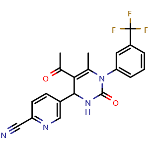 Chemical structure of 5-(5-acetyl-6-methyl-2-oxo-1-(3-(trifluoromethyl)phenyl)-1,2,3,4-tetrahydropyrimidin-4-yl)picolinonitrile , CAS 675103-35-2, AChemBlock S89467