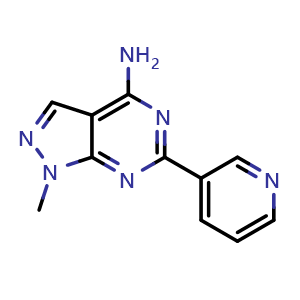 Chemical structure of 1-methyl-6-(pyridin-3-yl)-1H-pyrazolo[3,4-d]pyrimidin-4-amine , CAS 91092-05-6, AChemBlock S89524