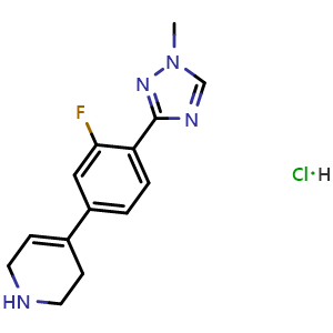 Chemical structure of 4-(3-fluoro-4-(1-methyl-1H-1,2,4-triazol-3-yl)phenyl)-1,2,3,6-tetrahydropyridine hydrochloride , CAS 2020069-42-3, AChemBlock S89563