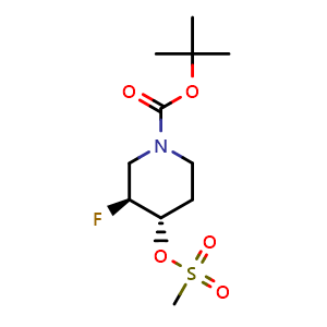 Chemical structure of tert-butyl Trans-3-fluoro-4-(methylsulfonyloxy)piperidine-1-carboxylate racemate , CAS 1070896-84-2, AChemBlock S89760