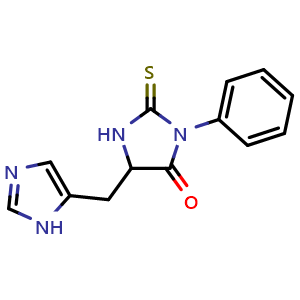 Chemical structure of 5-((1H-imidazol-5-yl)methyl)-3-phenyl-2-thioxoimidazolidin-4-one , CAS 5835-68-7, AChemBlock S89835