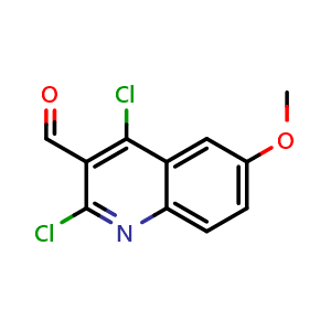 Chemical structure of 2,4-Dichloro-6-methoxy-3-quinolinecarboxaldehyde , CAS 151772-24-6, AChemBlock T100024