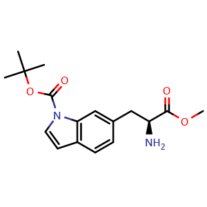 Chemical structure of tert-butyl 6-[(2S)-2-amino-3-methoxy-3-oxo-propyl]indole-1-carboxylate , CAS 2387564-90-9, AChemBlock T100042