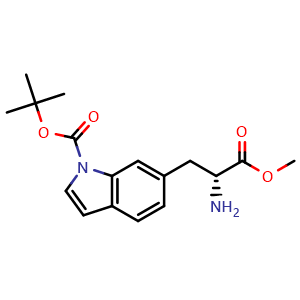 Chemical structure of tert-butyl 6-[(2R)-2-amino-3-methoxy-3-oxo-propyl]indole-1-carboxylate , CAS 2387561-65-9, AChemBlock T100043