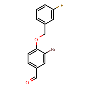 Chemical structure of 4-(3-fluorobenzyloxy)-3-bromobenzaldehyde , CAS 443123-66-8, AChemBlock T100061