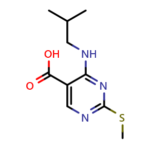 Chemical structure of 4-(isobutylamino)-2-(methylthio)pyrimidine-5-carboxylic acid , CAS 1015856-38-8, AChemBlock T100067