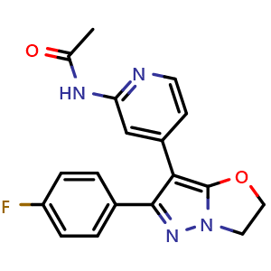 Chemical structure of N-[4-[6-(4-fluorophenyl)-2,3-dihydropyrazolo[5,1-b]oxazol-7-yl]-2-pyridyl]acetamide , CAS 1429891-76-8, AChemBlock T100094