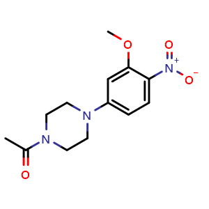 Chemical structure of 1-[4-(3-methoxy-4-nitrophenyl)piperazin-1-yl]ethan-1-one , CAS 1116229-11-8, AChemBlock T100104